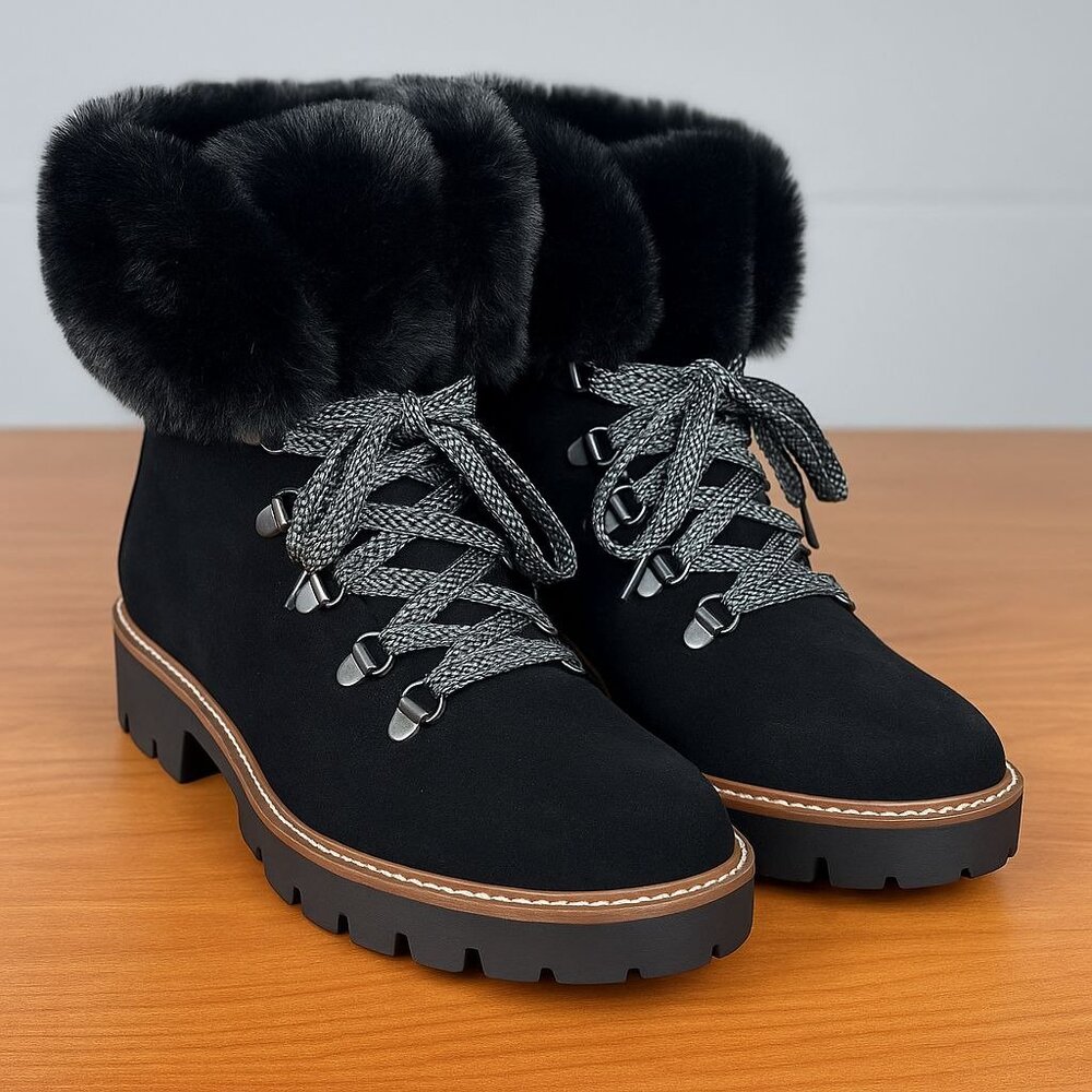 White Mountain Black Faux Fur Lace-Up Winter Boots W/ Lug Sole For Women Size 8